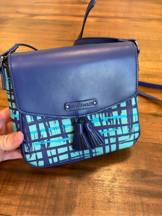 Vera Bradley Handbags - VERA BRADLEY Tassel Crossbody Purse Navy Teal Art Plaid Faux Leather